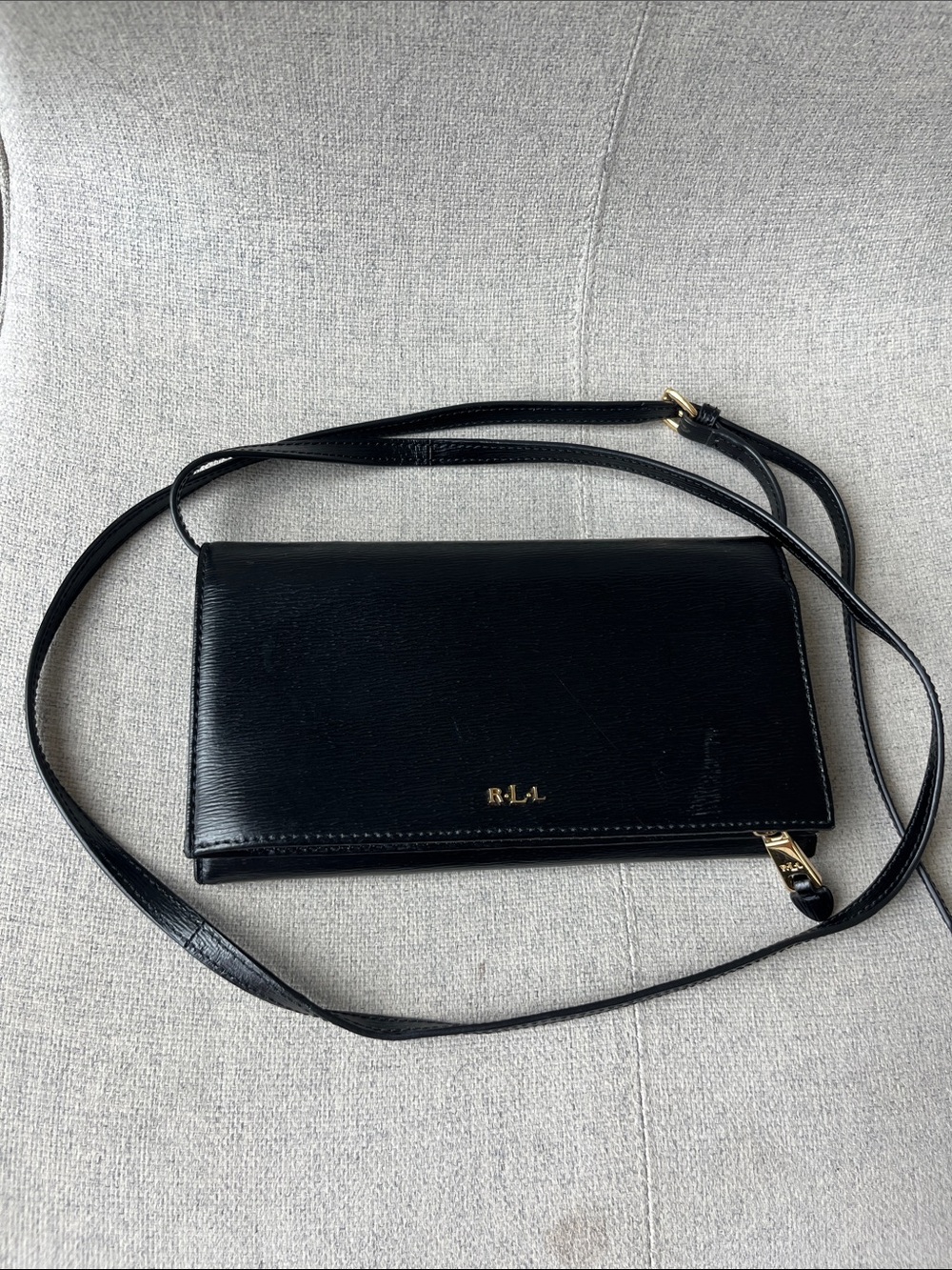 Lauren Ralph Lauren Black Leather Crossbody Wallet with Gold Hardware